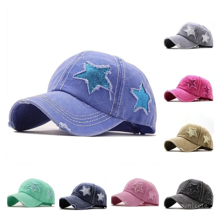Ponytail Hats Sequin Pentagram Baseball Cap Washed Hole Classics Ball Caps Women Adjustable Outdoor Sport Headgear T2I52278