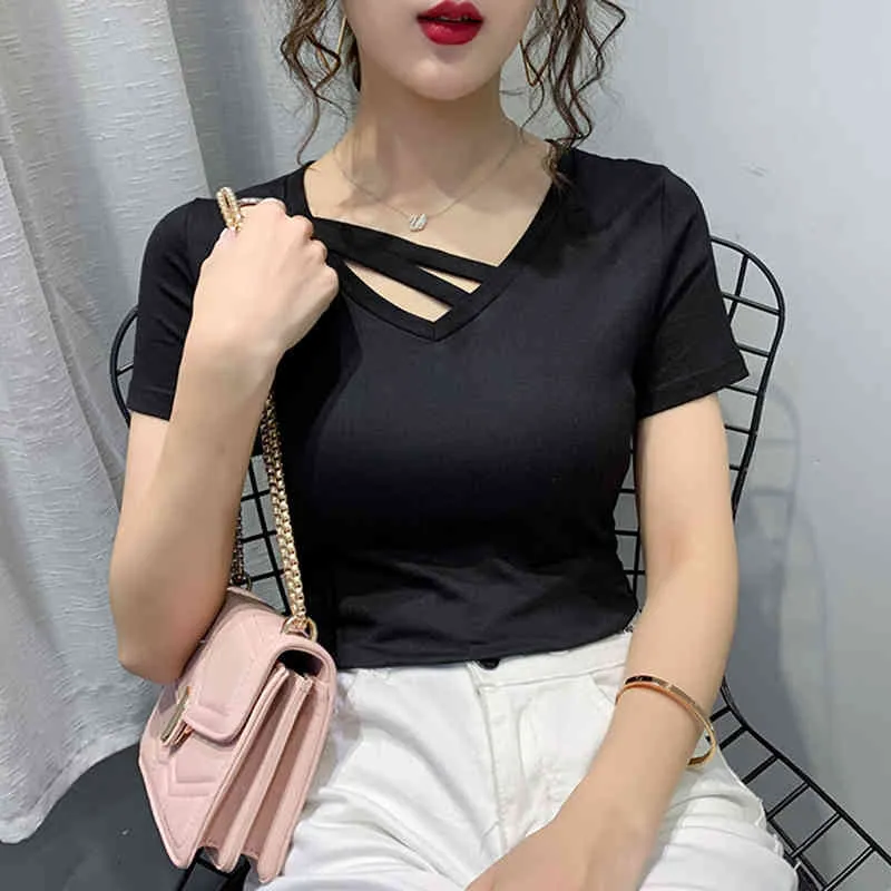 Women V-neck T-shirt Short-sleeved Solid Korean Cross band Collar Sexy Fashion T-shirts Woman Wild Tees Female Tops Pink LS367 210506