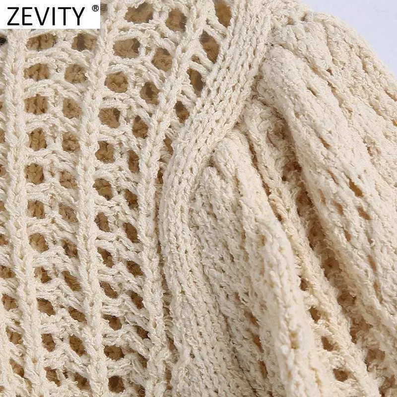 ZEVITY Frauen Vintage Jacquard Mesh Tuch Häkeln Stricken Kurze Pullover Weibliche V-ausschnitt Puff Sleeve Casual Pullover Tops SW813 210603