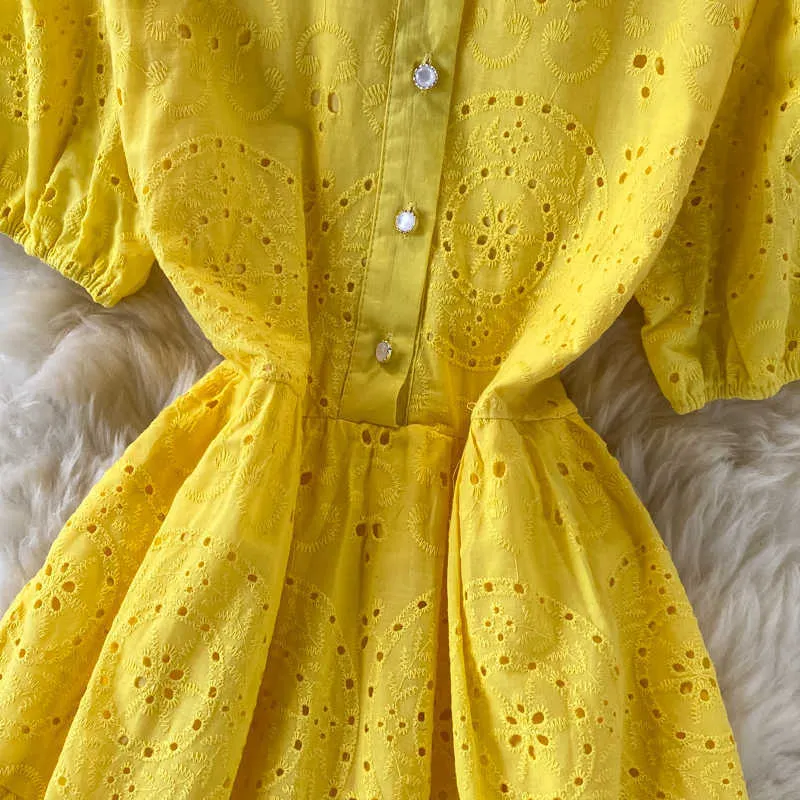 Mujeres amarillo / azul / beige ahueca hacia fuera el vestido largo de verano cuello de giro de un solo pecho de manga de hojaldre a-line vintage vestidos 2021 y0603
