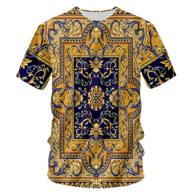 UJWI Brand Men Golden Flower T-shirt Summer 3D Print Blue T-Shirt Homme Short Sleeve Luxury Royal Baroque Clothes Tops 210714