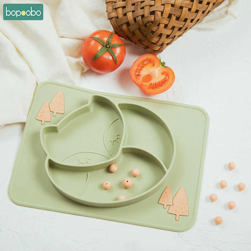 Bopoobo Baby Plate Food Grade Silicone Cartoon Pattern Non-slip Kid Tableware Candy Color Divided Feeding Gifs 211026