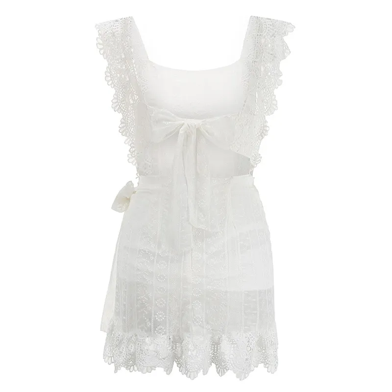 Yaz Elbise Kadın Boho Bohemian Boşaltın Dantel Nakış Beyaz Elbise Backless Kravat Fırfır Mini Plaj Elbiseler Sundress X0521