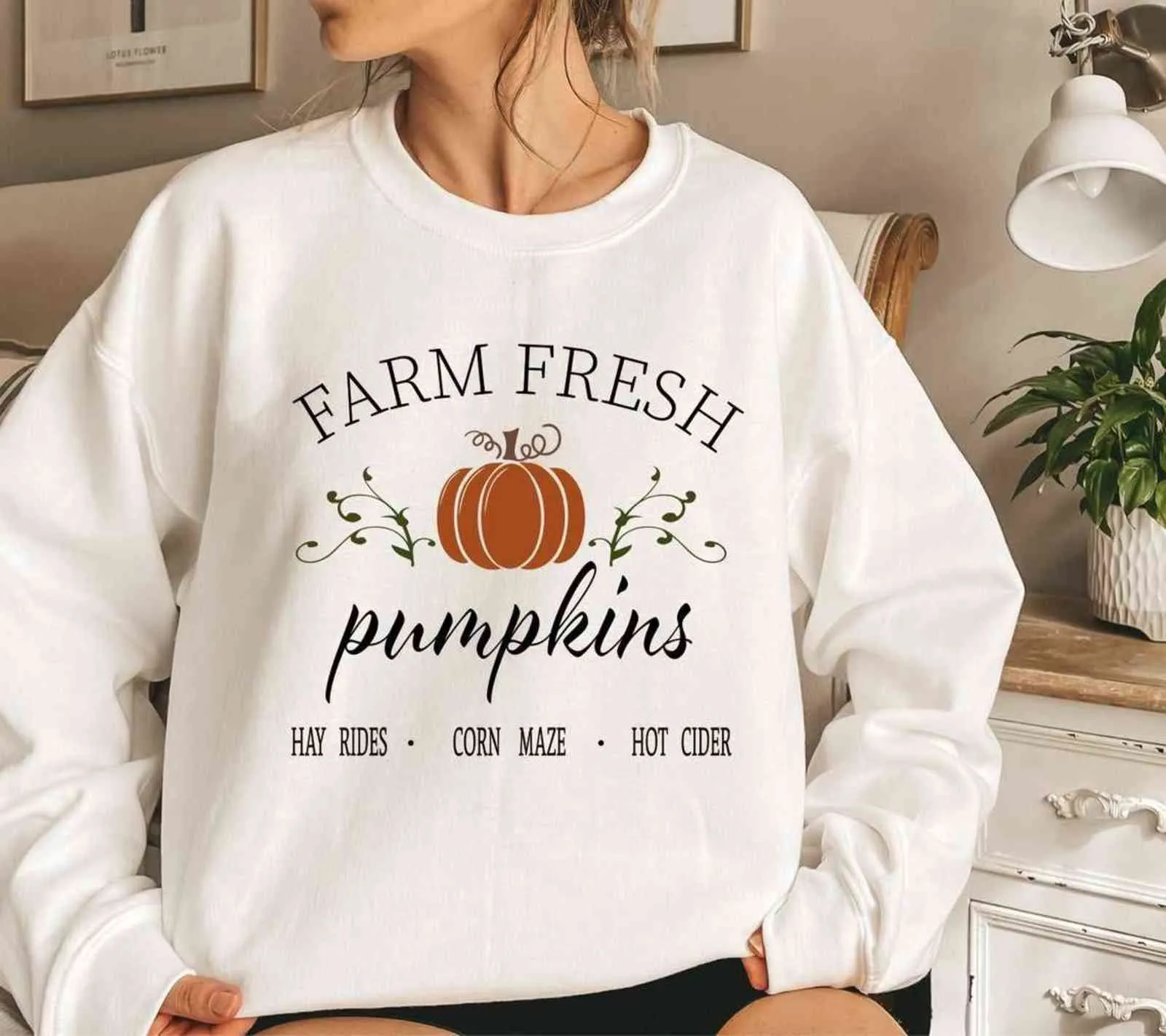 Fall Sweatshirt Farm Fresh Pumpkins Sweatshirt Unisex Ins Fashion Crewneck Shirt Par Halloween Klassisk Festival Top 211108