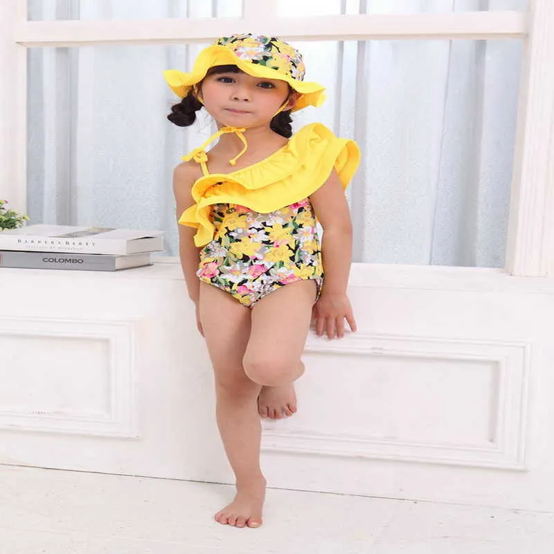 Sommarbarn flickor badkläder Härliga gula blommiga baddräkter + hatt barn mode simma bär e06 210610