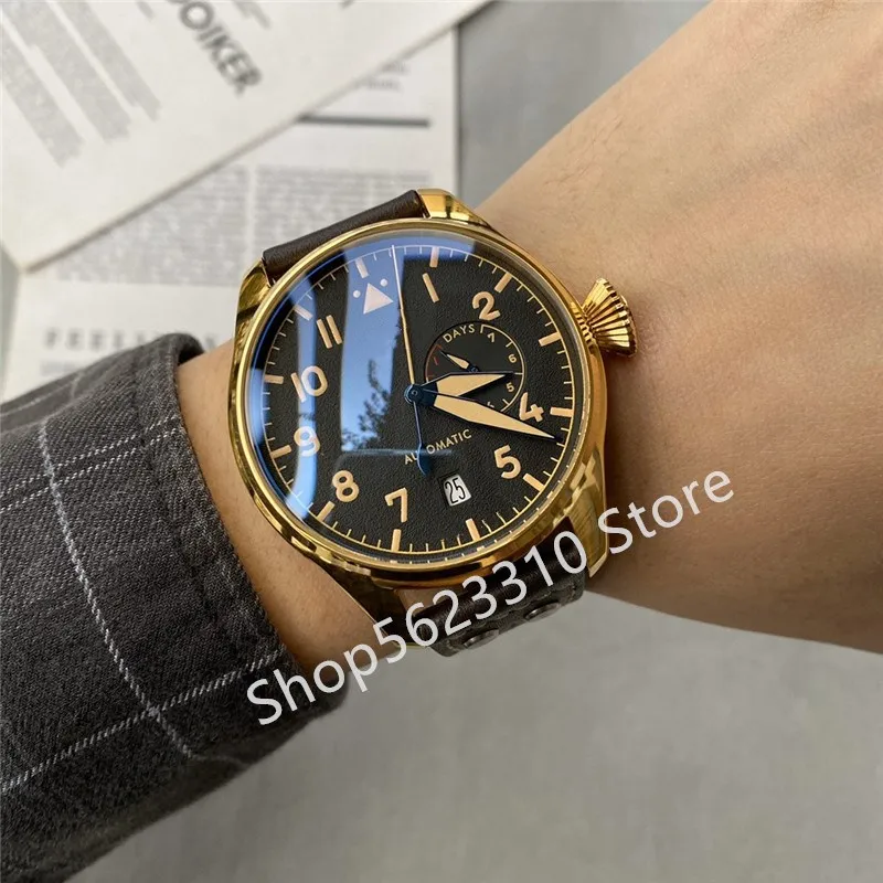 Classico nuovo orologio da polso meccanico automatico Maschile Sette giorni Riserva di carica Pelle nera Calendario in oro giallo Big Pilot 46mm265K