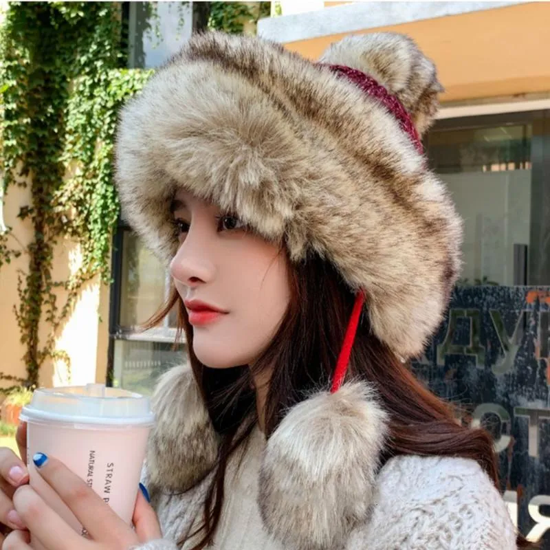 Beanie Skull Caps Fashion Knitted Fur Hat Russian Winter Women Cap With Two Pompoms Hats Warm Fluffy Stylish Female Tail Beanie3483