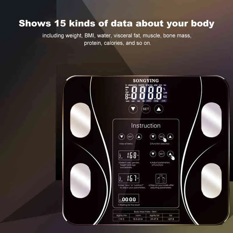 مقاييس الدهون في الجسم مقياس الوزن الإلكترونية ذكي عالية الدقة الرقمية مقياس مؤشر كتلة الجسم المقياس المقيمة المحلل صحة الجسد مراقبة H12296656471
