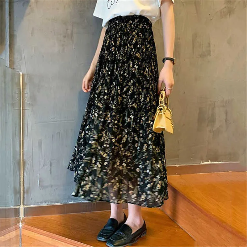 Ruffles Boheemse vrouwen mode geplooide rokken boho high taille chiffon femal lange rok bloemen print midi rok zomer streetwear 210619