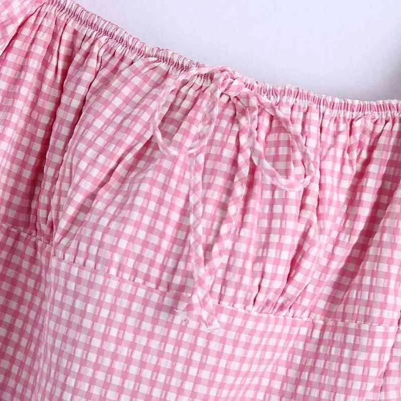 Sommar kvinnor fyrkantig krage puff ärm rosa plaid mini klänning kvinnlig kläder casual lady lös vestido d7562 210430