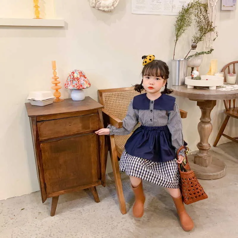 Style coréen printemps filles robe Plaid col rabattu robes + tablier enfants vêtements E695 210610