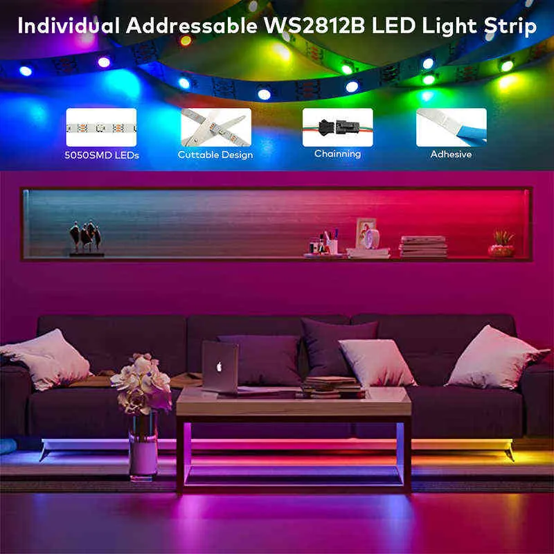 LED Strip RGBIC WS2811B Waterdichte WiFi Alexa Smart Diode Gaming Lights Flexibele besturing Toepasselijke kerstdecoratie of cadeau W6136486