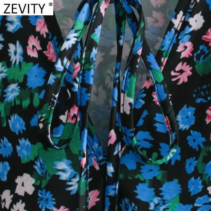 Zeefity Dames Vintage V-hals Lace Up Floral Print Hem Plooien Ruffles Jurk Vrouwelijke Lange Mouw Casual A-lijn Vestido DS4847 210603