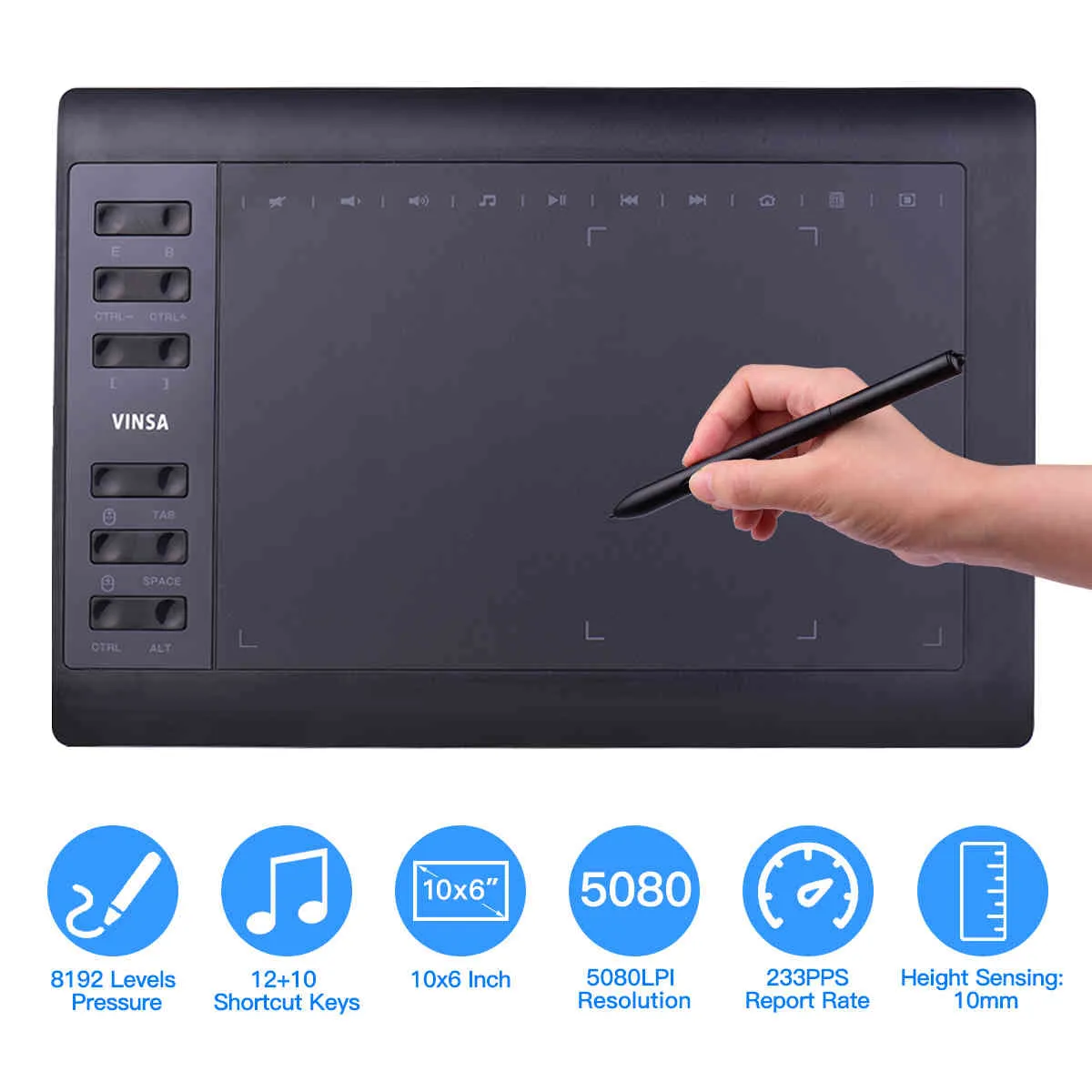 10x6" Professional Graphics Drawing Tablet 12 Express Keys 8192 Levels Battery-Free Stylus/Nibs/Pen Clip Support PC/Laptop