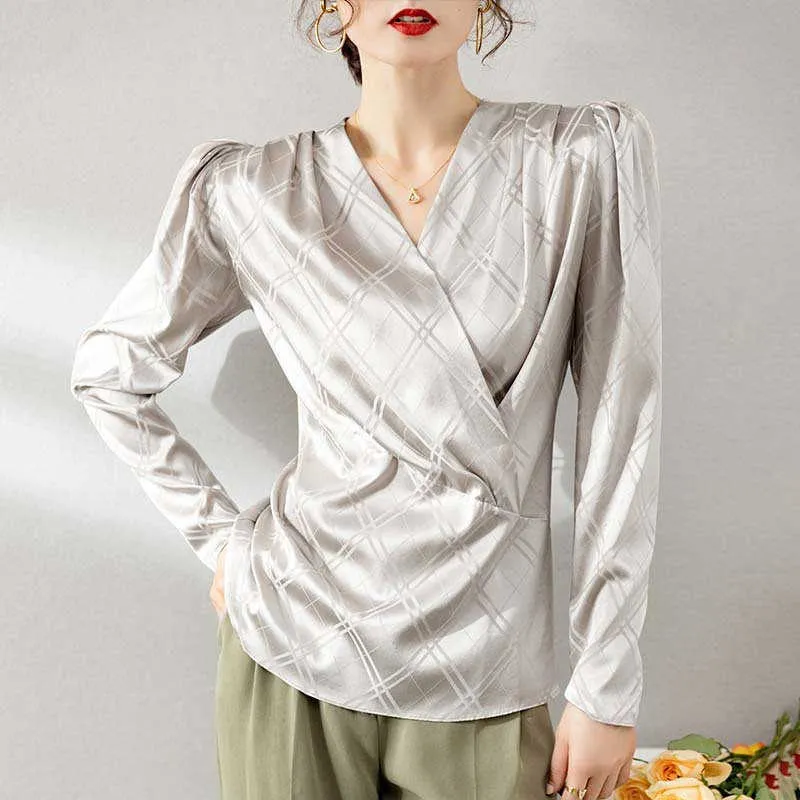 Lente Ontwerpers Luxe 100% Echte Zijde Blouses Dames Lange Mouw Elegante V-hals Solid Office Shirt Feminino Blusas Green Tops 210601