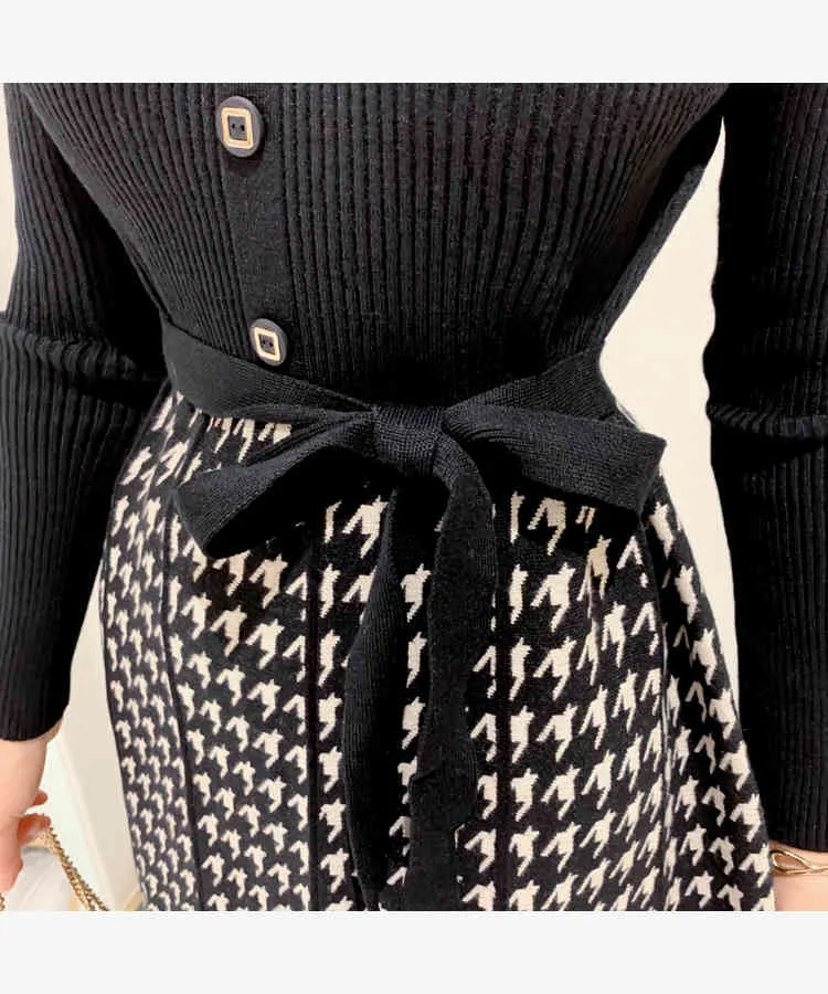 Women Autumn And Winter Vintage Elegant Houndstooth Print Knitted Patchwork Dresses Long Sleeve Belt Vestidos 210520