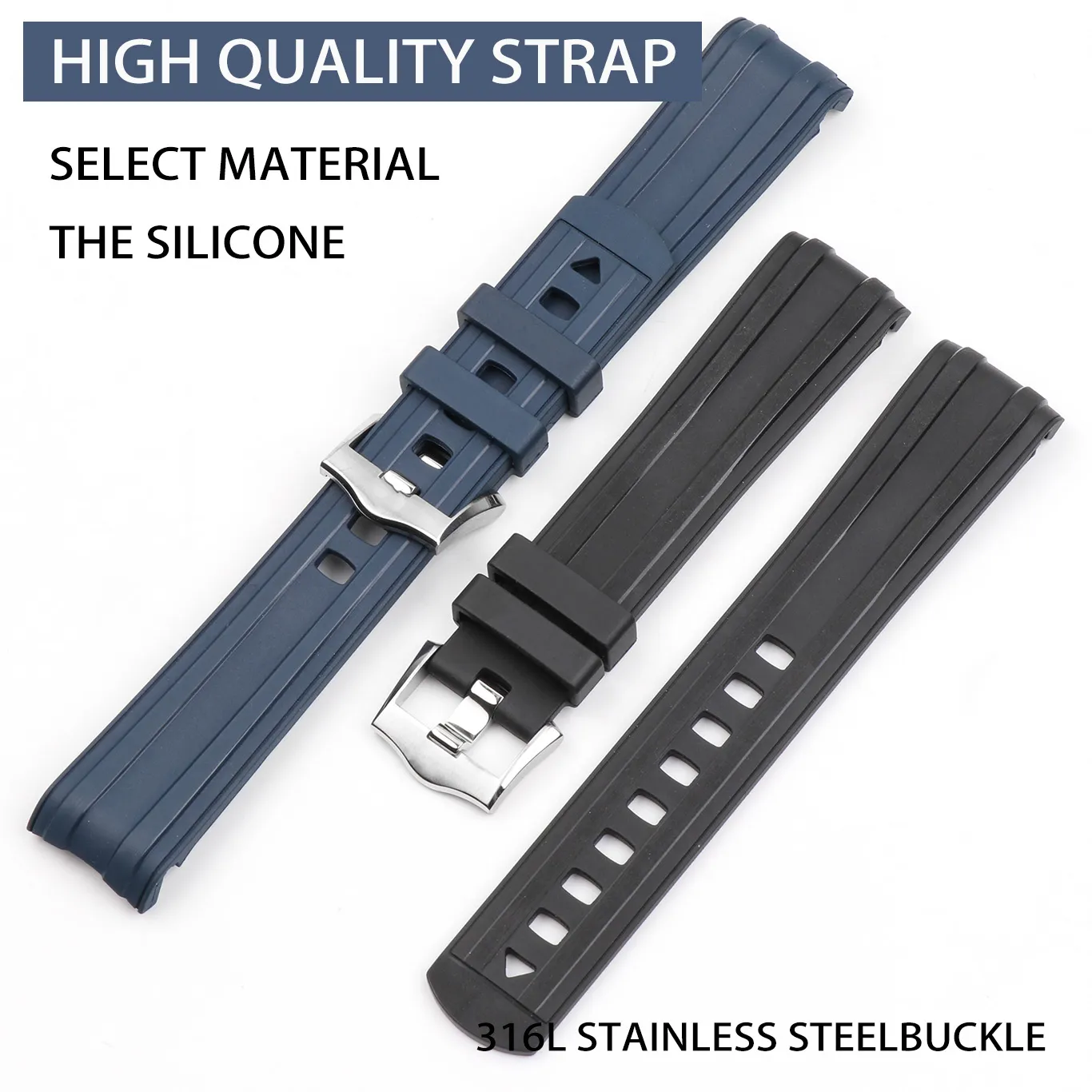 Extremidade curvada 20mm pulseira de relógio homem azul preto à prova dwaterproof água silicone borracha pulseiras pulseira fecho fivela para omega sea master 227r