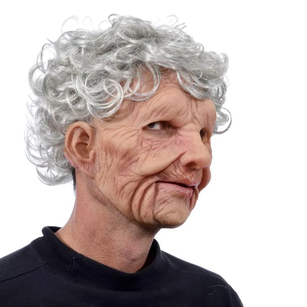 Grandpa Grandma Mask Latex Made Old Man Woman Wrinkled Full Face Masks Light Gray Hair Halloween Party Costume COS Props
