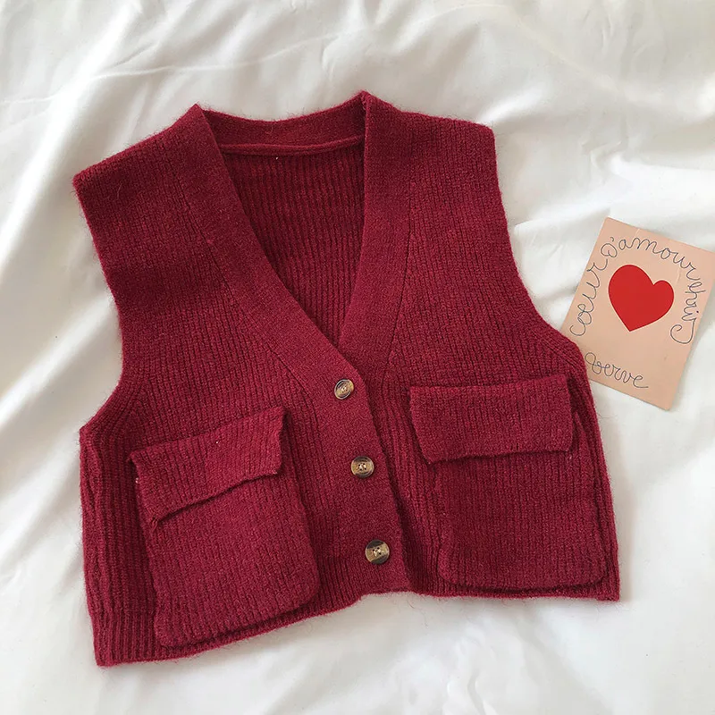 Ezgaga Knitted Sweater Vest Women New Fashion V-Neck Simple Pockets Sleeveless Cardigan Tops Outwear Waistcoat Casual 210430