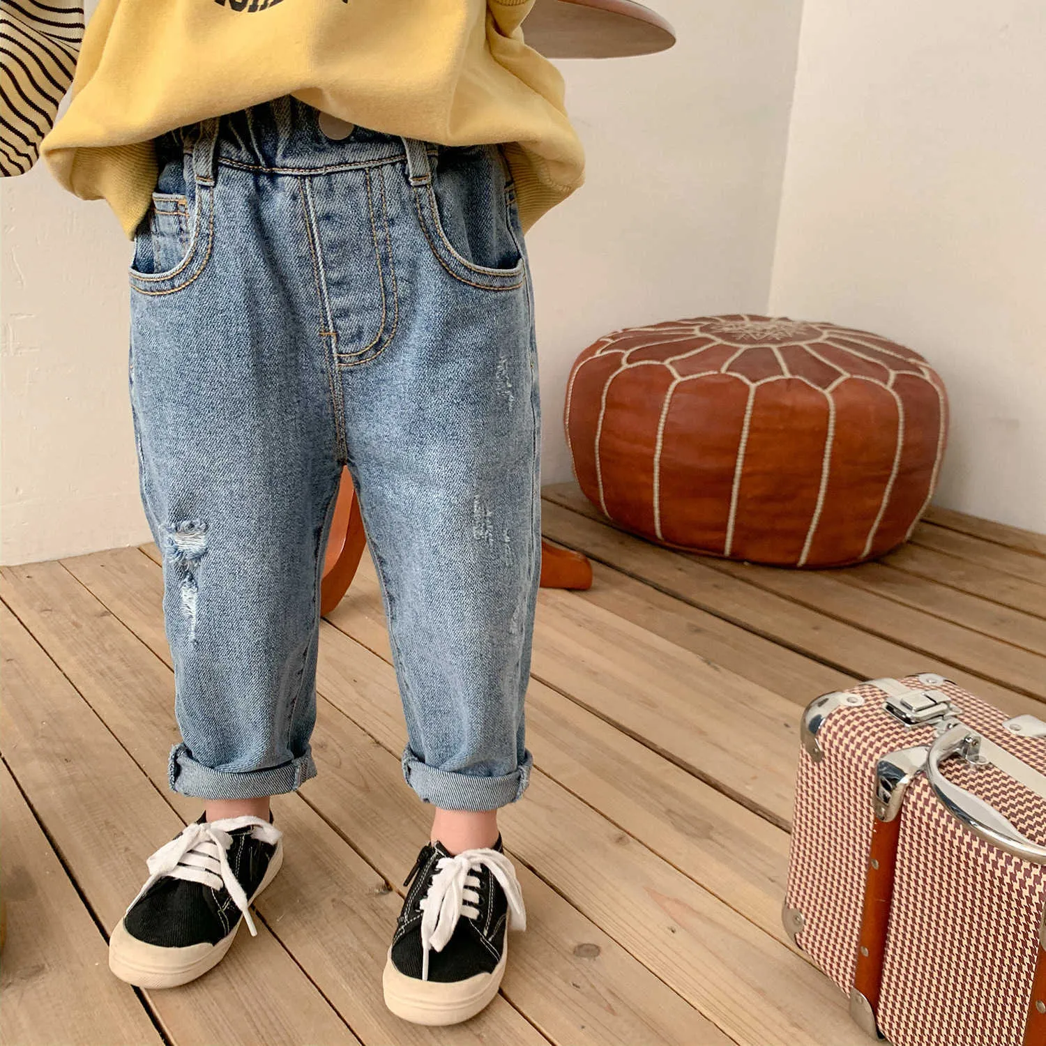 Spring Autumn fashion ripped jeans kids all-match casual denim pants boys and girls elastic 210708