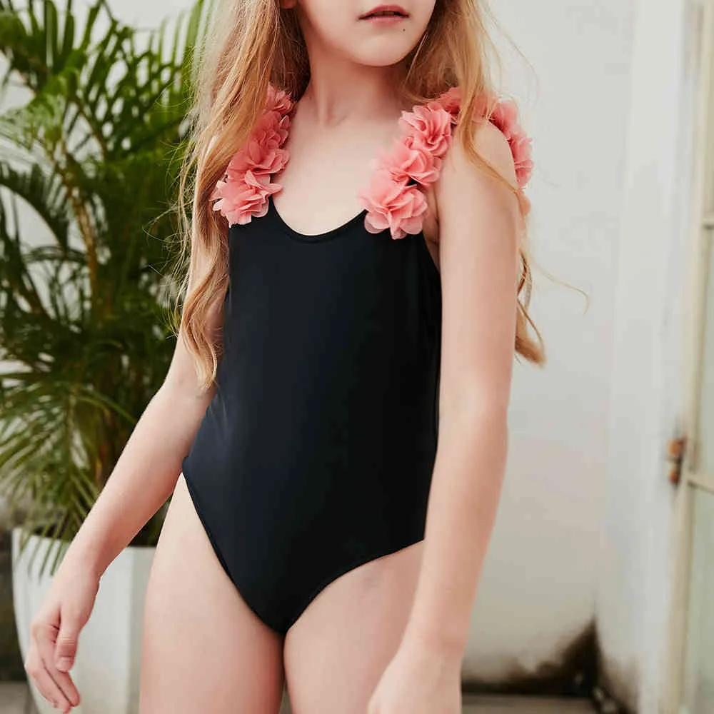 Noir filles une pièce maillot de bain enfants enfants été plage jouer tenue dos nu maillot de bain mignon fleur sangle maillots de bain 2021