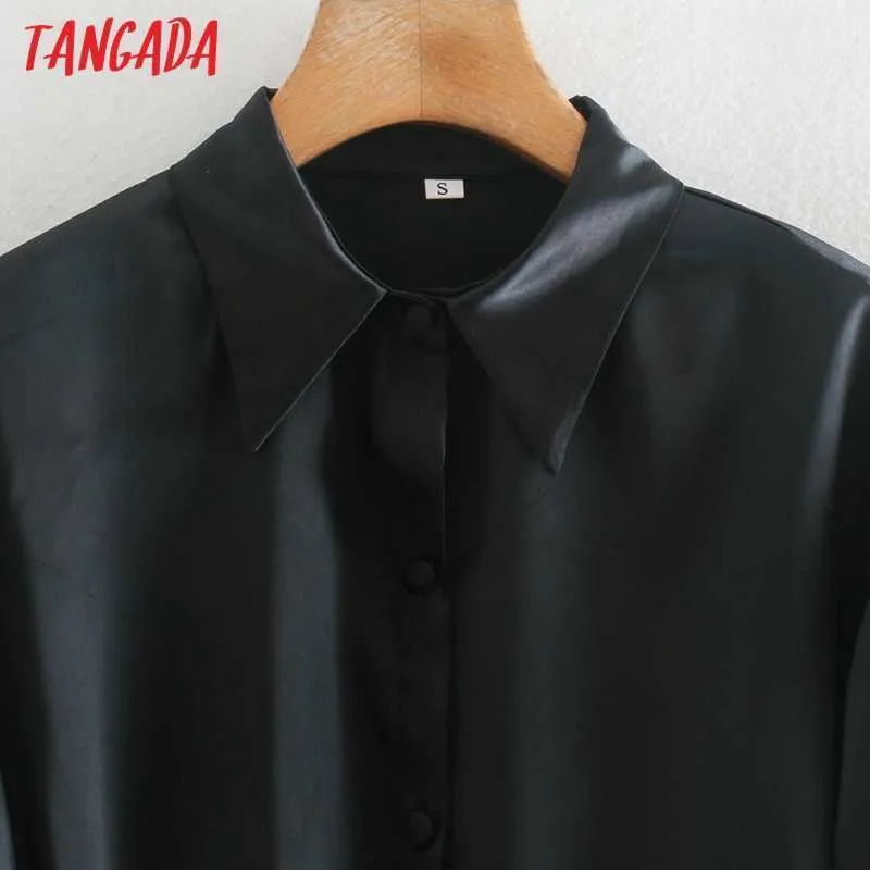 Tangada Primavera Moda Donna Camicia di raso nero Abito manica lunga Office Ladies Back Zipper Mini Dress 2XN42 210609