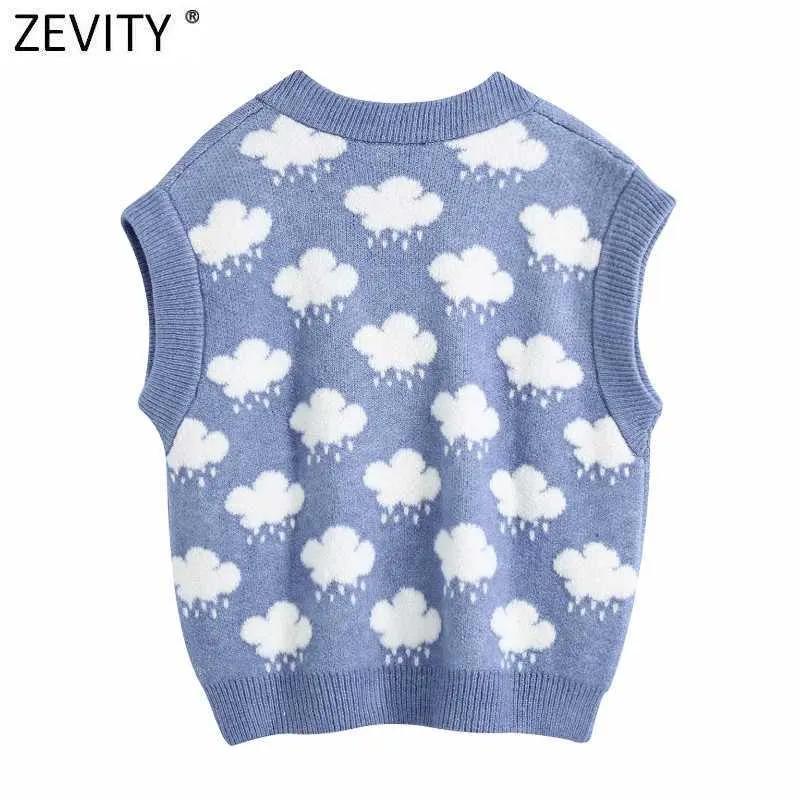 Zevity Women Fashion V Neck Cloud Pattern Knitting Sweater Female Sleeveless Casual Slim Vest Chic Leisure Pullovers Tops S669 210914
