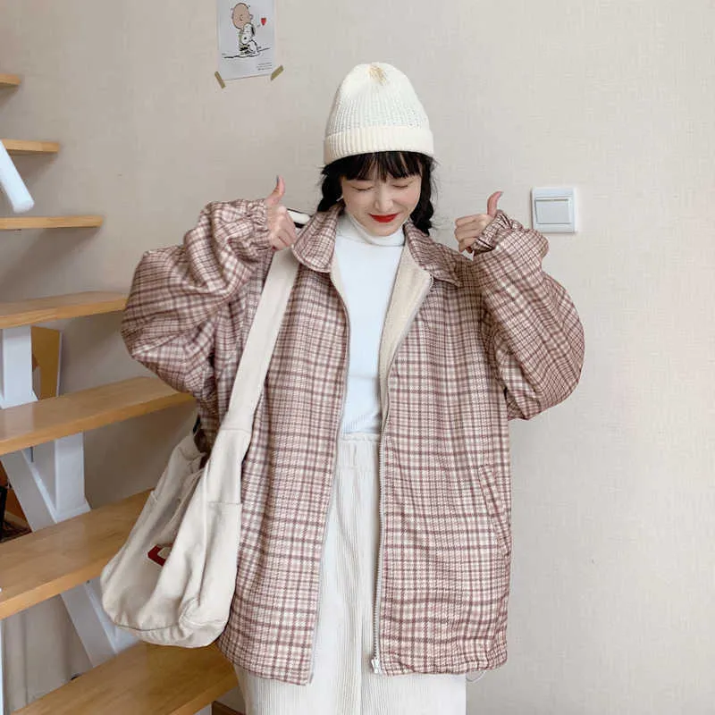 Japonais Kawaii Manteau de laine d'agneau réversible Ours Broderie Soeur douce Vêtements d'extérieur Femmes Étudiantes À manches longues Épaissir Vestes à carreaux Y0829