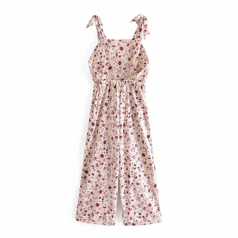 Kvinnor Vintage Print Jumpsuits Rompers Ärmlös Tank Bow Tie Kvinna Breda Ben Playsuits Oavsett kläder 210513