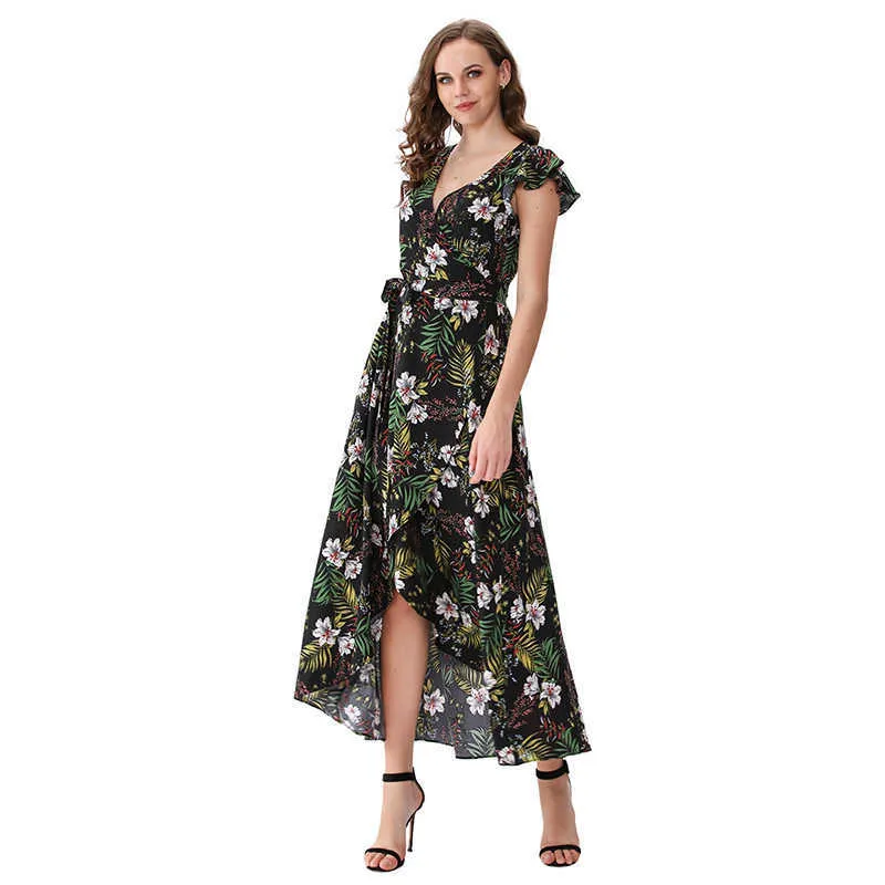 Frauen Kleid Floral Gedruckt Bandage Split Flowy Party Würdevolle Trend Elegante Sommer Langes Kleid M30524 210526