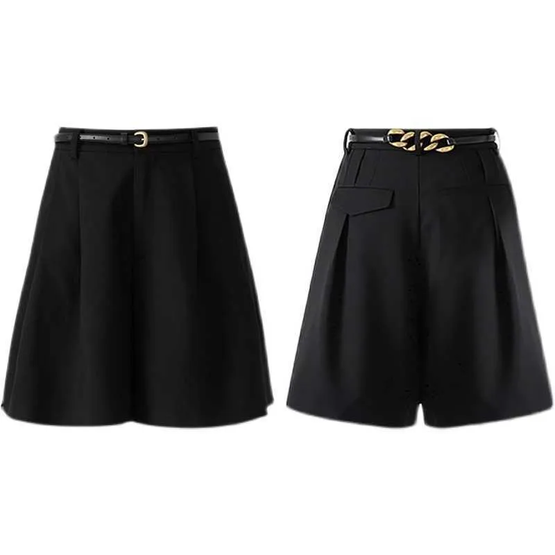 [Deat] verão moda calça curta preta cintura alta cor sólida cadeia faixas soltas casuais mulheres shorts 13c839 210527