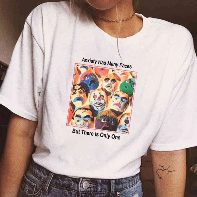 Vintage białe trójniki kobiety unisex lęk ma wiele twarzy sztuki rysunek estetyczne 90. moda tumblr grunge graficzna tee bawełniana koszula 210518