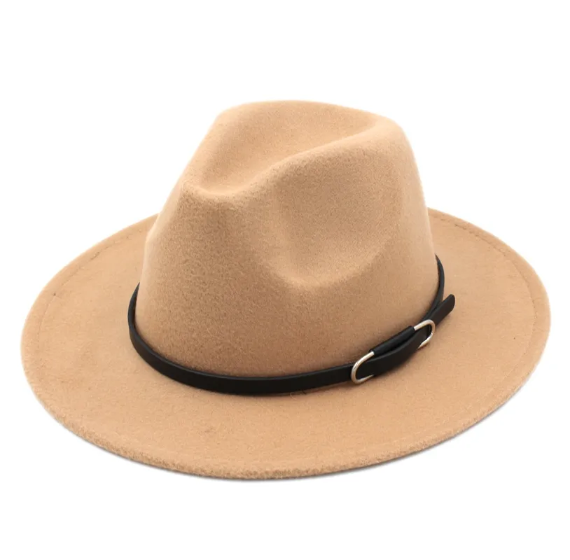 Classique unisexe Chapeu Fedora Stiff Wide Brim Panama Hat Jazz Gangster Trilby Churh Caps Ceinture en cuir marron