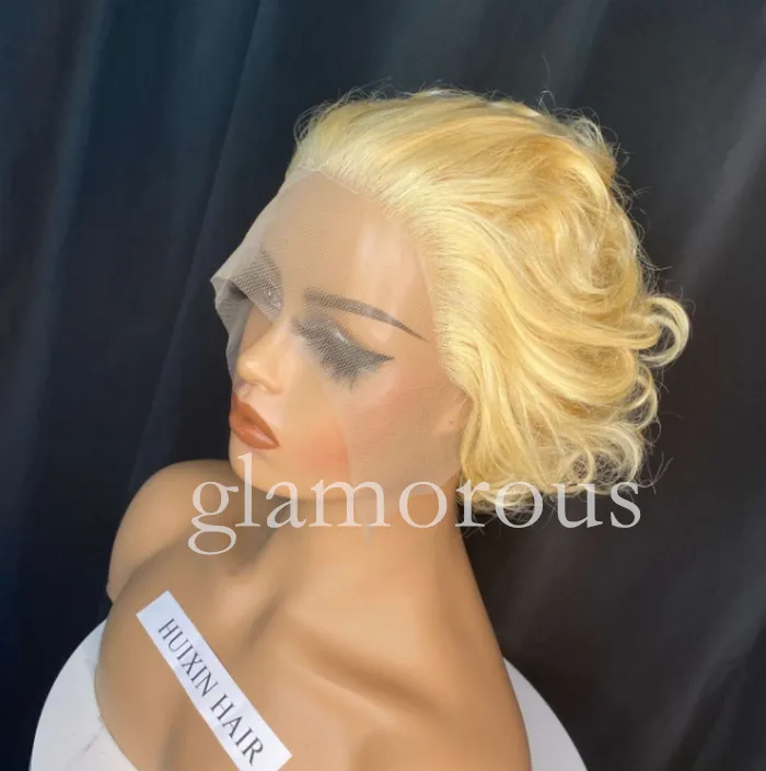 13x1 dentelle coupe lutin brésilien sans colle perruques de cheveux humains pour les femmes vague de corps 613 Blonde courte Bob wig8174938