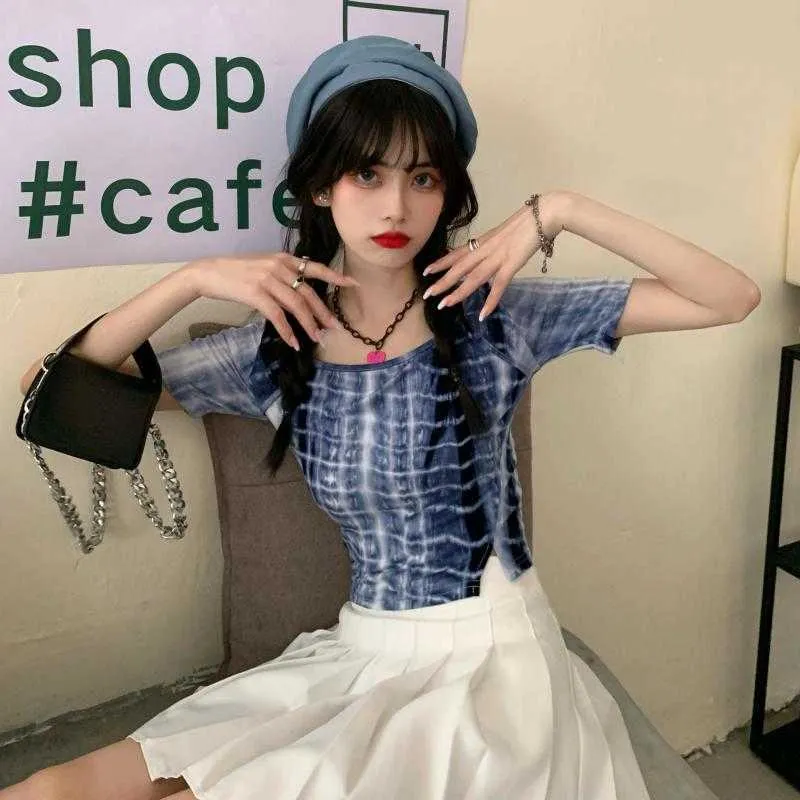 Yedinas Summer Fashion Tie Dye Slim Cropped Top Donna Colletto quadrato Design diviso T-shirt Chic coreano Y2k Estetica E Girl 210527