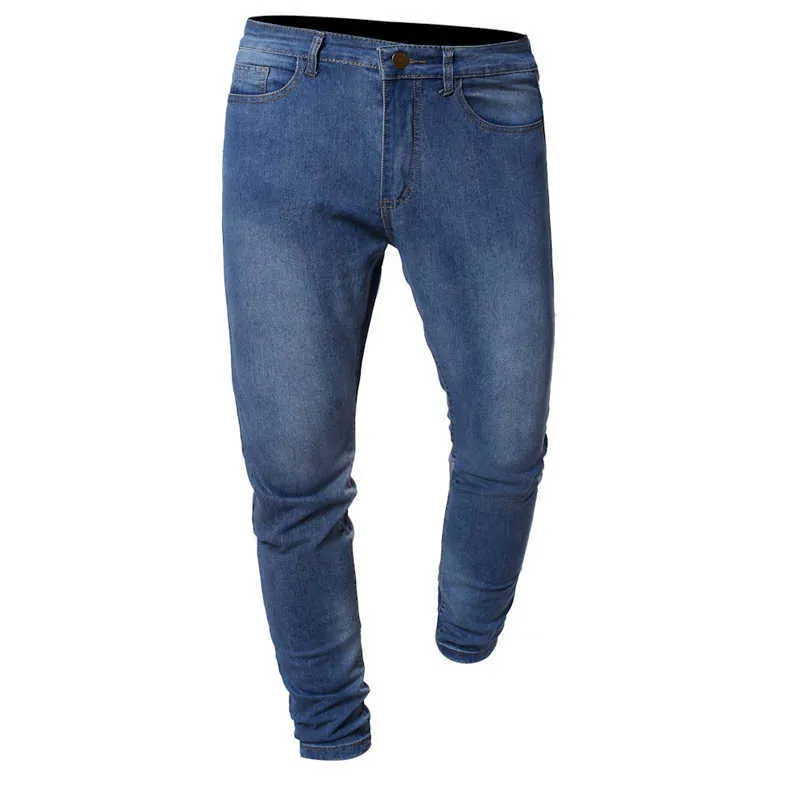 European Size Mäns Denim Trousers Streetwear Slim Button Zipper Front Rak byxor exkl Belt x0621