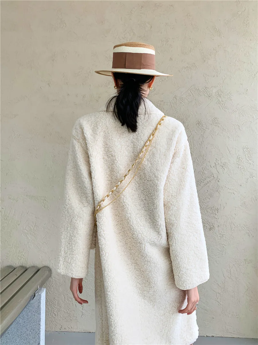 Hiver en peau de mouton longue fourrure manteau épais polaire veste femmes bouton floue Faux Beige coréen vêtements d'extérieur 210427