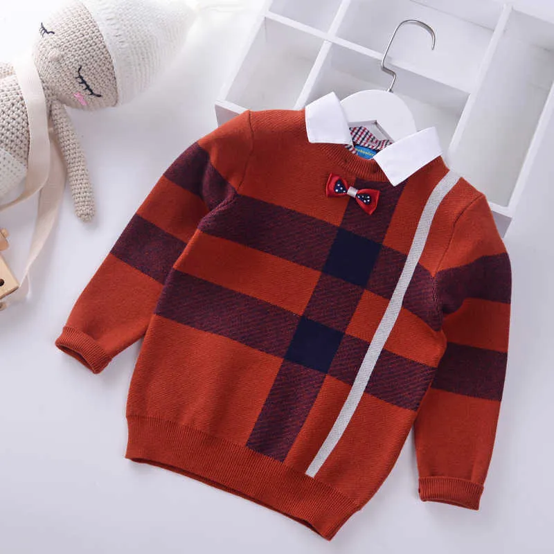 Gola de camisa meninos suéteres listras de bebê xadrez pulôver malha roupas infantis outono inverno suéteres infantis roupas de menino 210902