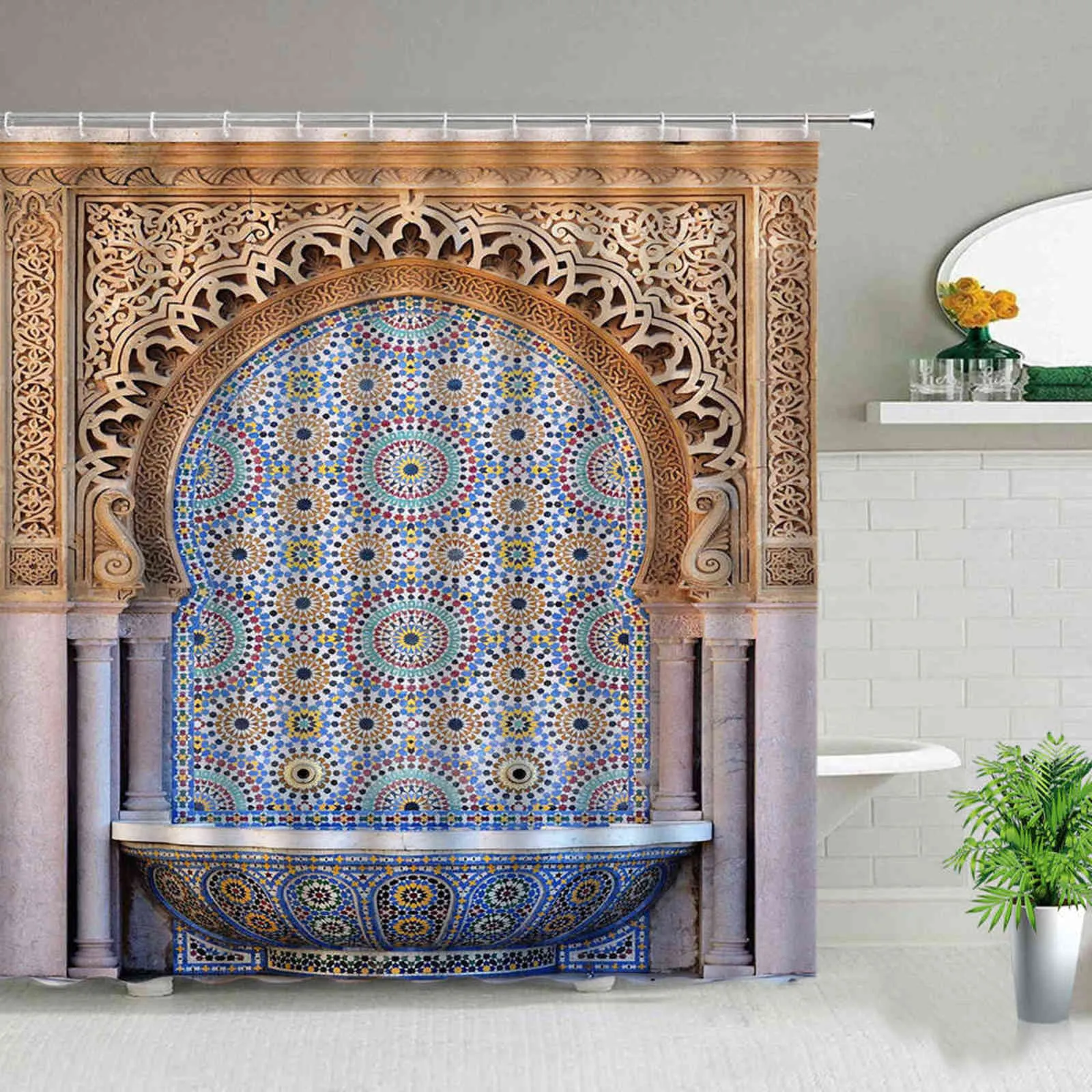Marokko Bohemian Mandala Blue Douchegordijn National Style Deuren Badkamer Gordijnen Waterdichte Stof Badkuip Decor met Haken 211116