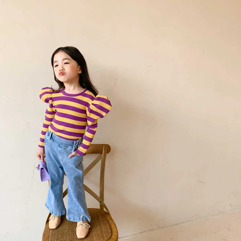 Moda de primavera Malha listrada t - shirts crianças meninas chique casual slow sleeve tops vestuário estilo coreano 210615