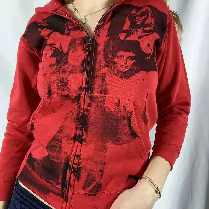 Y2K審美的な女性のパーカーとポケットが付いている90年代ビンテージグラフィックプリントジッパーアップパーカー服E-Girl Sweatshirts Spring秋のトップ210803