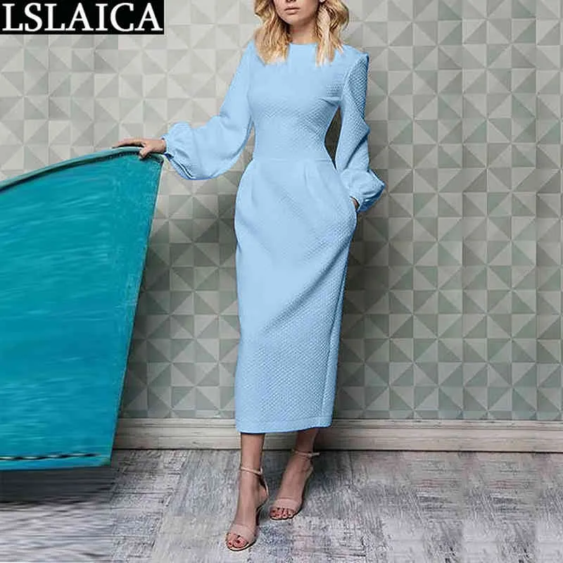 Kobiety Sukienka Slim O Neck Długi Rękaw Night Moda Przyjazd Solid Formalna Party Elegancka Klasyczna Vestido de Mujer 210515