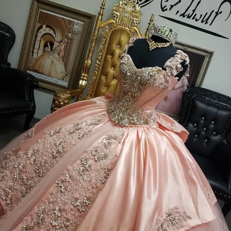 Robe Quinceanera rose à épaules dénudées, avec des appliques de perles, robes de bal, douce 16, robes de 15 a, o272F, nouvelle collection