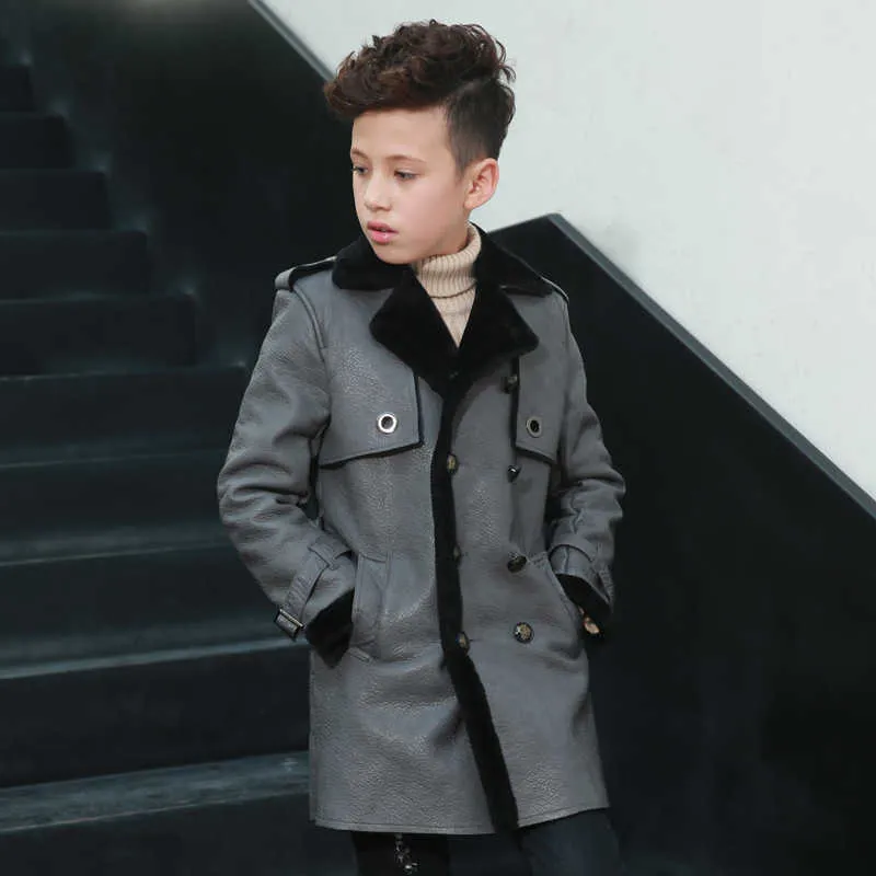 Giacca da ragazzo di alta qualità Autunno Inverno Moda coreana bambini Plus Velluto caldo in pelle PU cappotto bambini 3-13 anni 211011