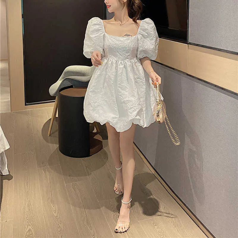 PERHAPS U Summer Women Elegant Sweet Pink White Jacquard Backless Puff Sleeve Square Collar Ball Gown Short Dress D3042 210529