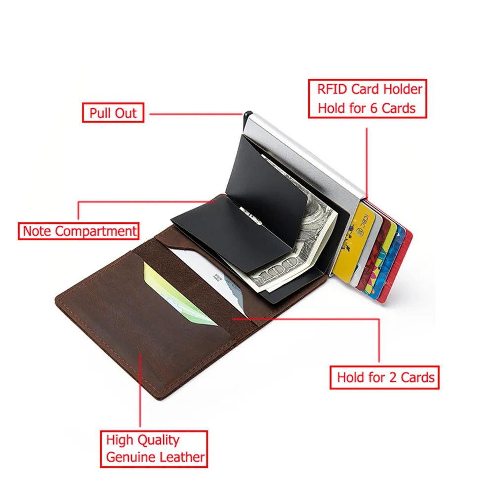 Smart Wallet 2021 Boîte du support de vol en cuir authentique Popup d'embrayage mince pour les affaires Men5071411