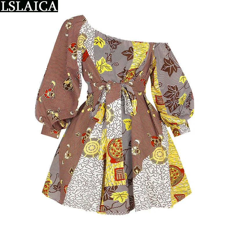 Mini Dress African Style Slanted Shoulder Long-sleeved A-Line Belt Fashion Printing Party Casual Vestido De Mulher 210515