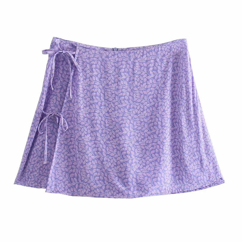 Women Summer Sweet Print Shorts Skirts ZA Wrap Side Bow Tie Vintage Casual Female Street Botton Clothing 210513