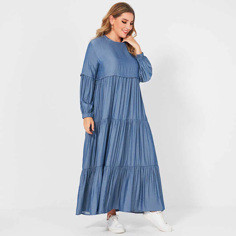 夏の女性の長いドレスファッション甘い純粋な青色のオネックプリーツケーキルーズ大きなサイズの大きなスイングスリーブドレス210623