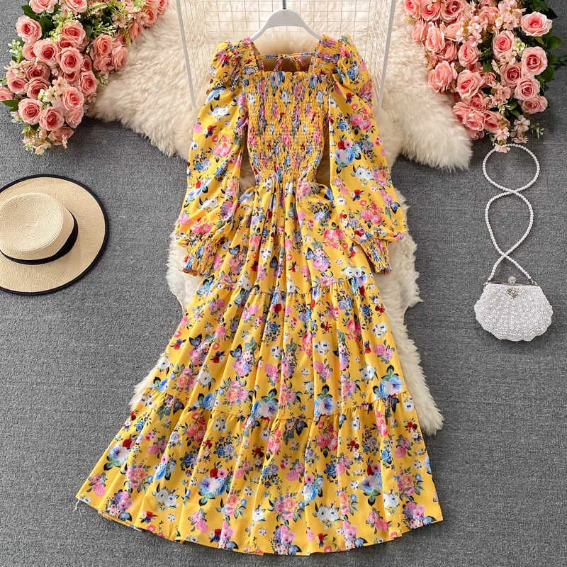 Frühling Herbst Böhmischen Urlaub Strand Langes Kleid Frauen Elegante Quadratische Kragen Laterne Langarm A-Line Vestidos Casual Robe Neue Y0603